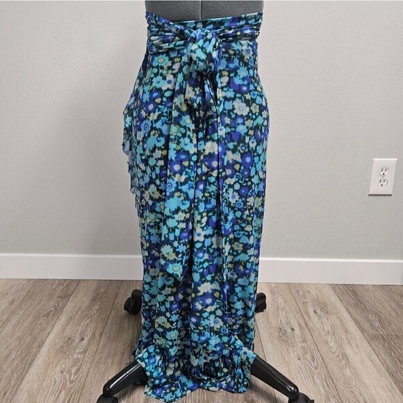 Ganni Floral Wrap Midi Skirt Asymmetrical Ruffle  Blue Green Women's 32 Medium - Picture 8 of 13